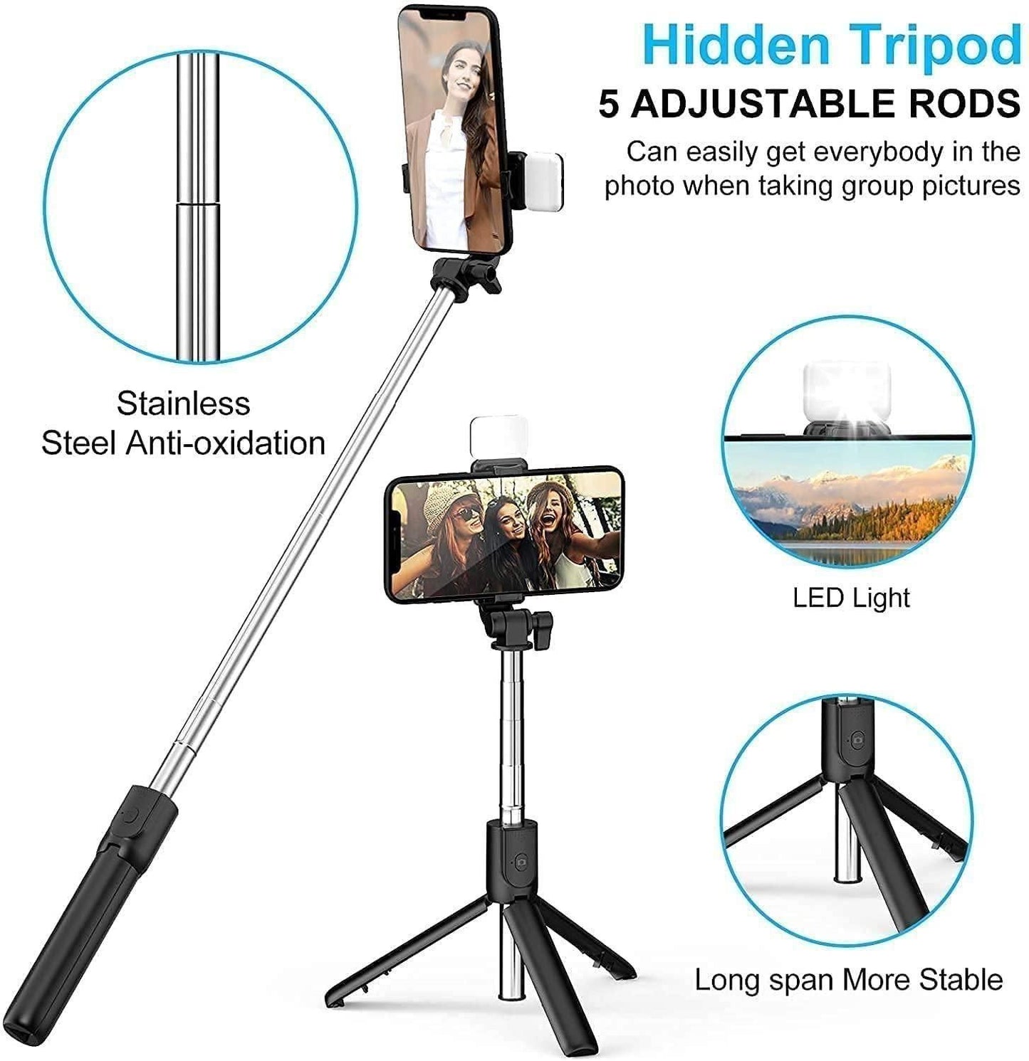 3-in-1 Extendable Selfie Stick Tripod with Bluetooth Remote + LED Flash